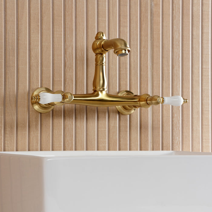 Kingston Heirloom KS7257PL - English Country Double-Handle 2-Hole Wall Mount Bathroom Faucet, Brushed Brass