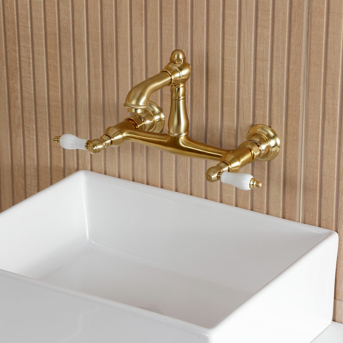 Kingston Heirloom KS7257PL - English Country Double-Handle 2-Hole Wall Mount Bathroom Faucet, Brushed Brass