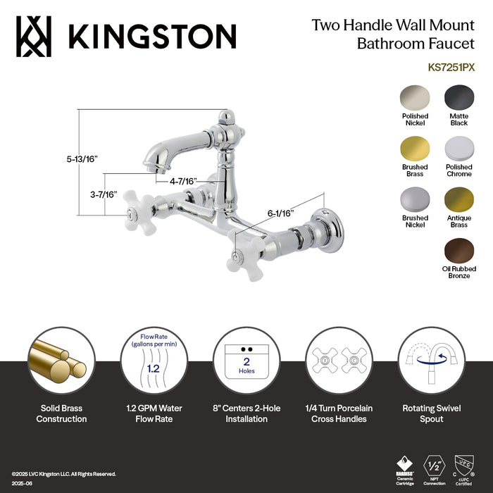 Kingston Heirloom KS7257PX - English Country Double-Handle 2-Hole Wall Mount Bathroom Faucet, Brushed Brass