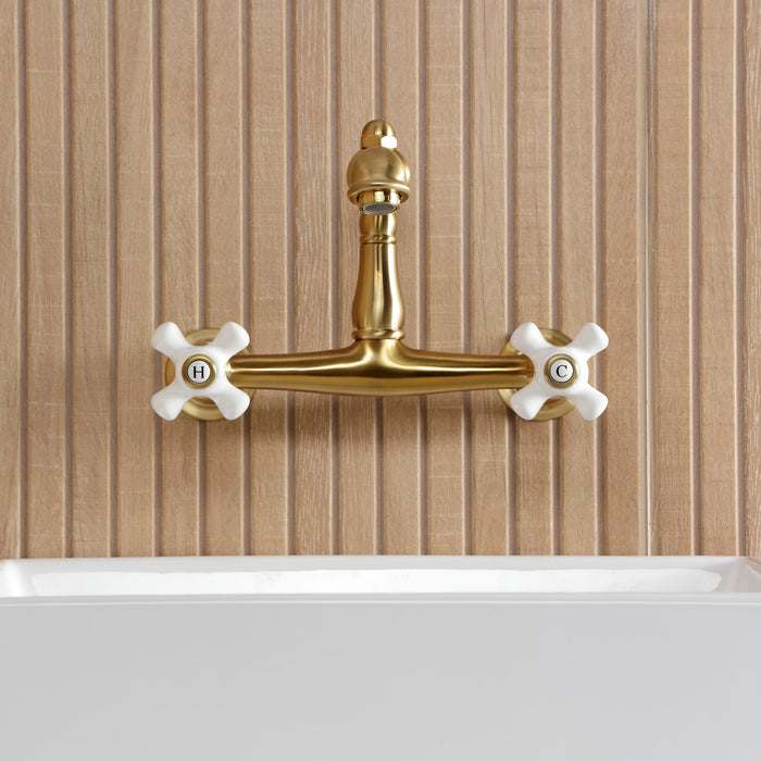 Kingston Heirloom KS7257PX - English Country Double-Handle 2-Hole Wall Mount Bathroom Faucet, Brushed Brass
