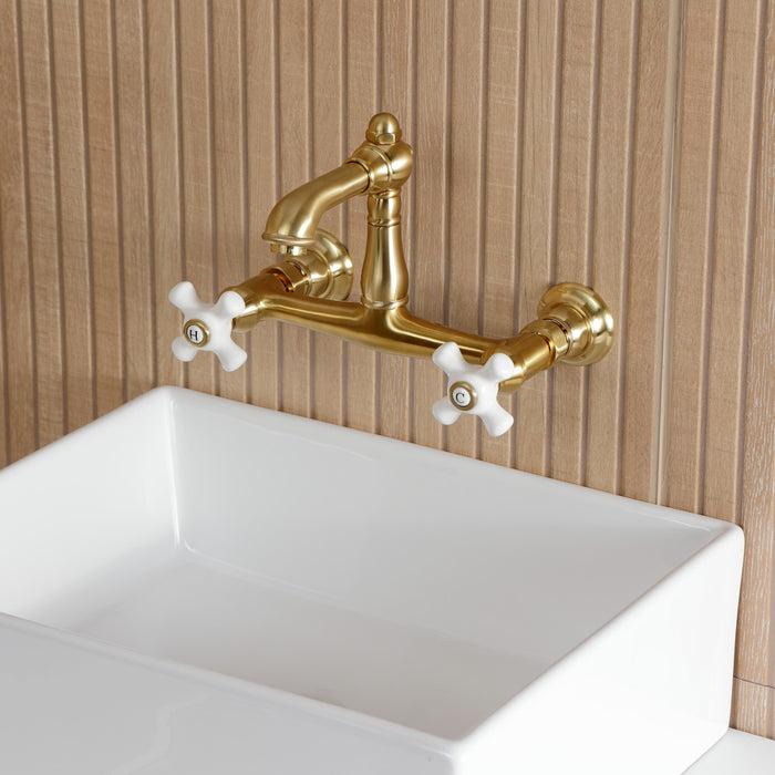 Kingston Heirloom KS7257PX - English Country Double-Handle 2-Hole Wall Mount Bathroom Faucet, Brushed Brass
