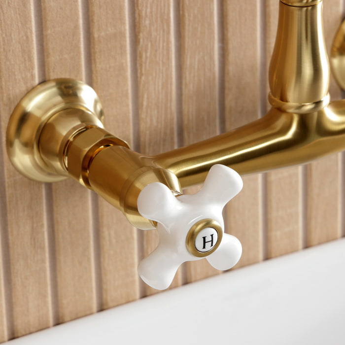 Kingston Heirloom KS7257PX - English Country Double-Handle 2-Hole Wall Mount Bathroom Faucet, Brushed Brass