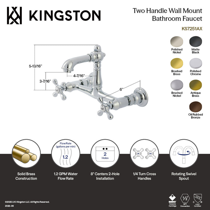 Kingston Heirloom KS7258AX - English Country Double-Handle 2-Hole Wall Mount Bathroom Faucet, Brushed Nickel