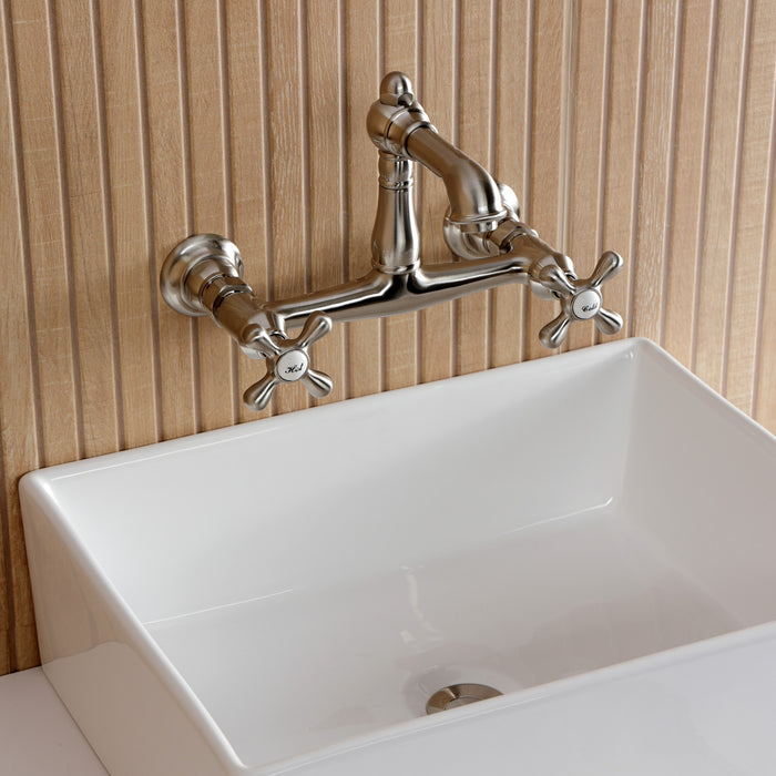 Kingston Heirloom KS7258AX - English Country Double-Handle 2-Hole Wall Mount Bathroom Faucet, Brushed Nickel
