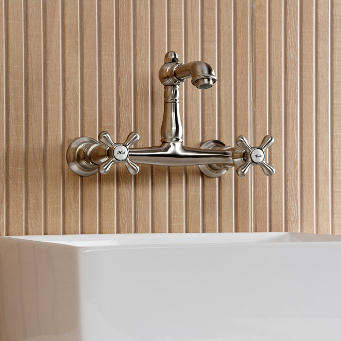 Kingston Heirloom KS7258AX - English Country Double-Handle 2-Hole Wall Mount Bathroom Faucet, Brushed Nickel
