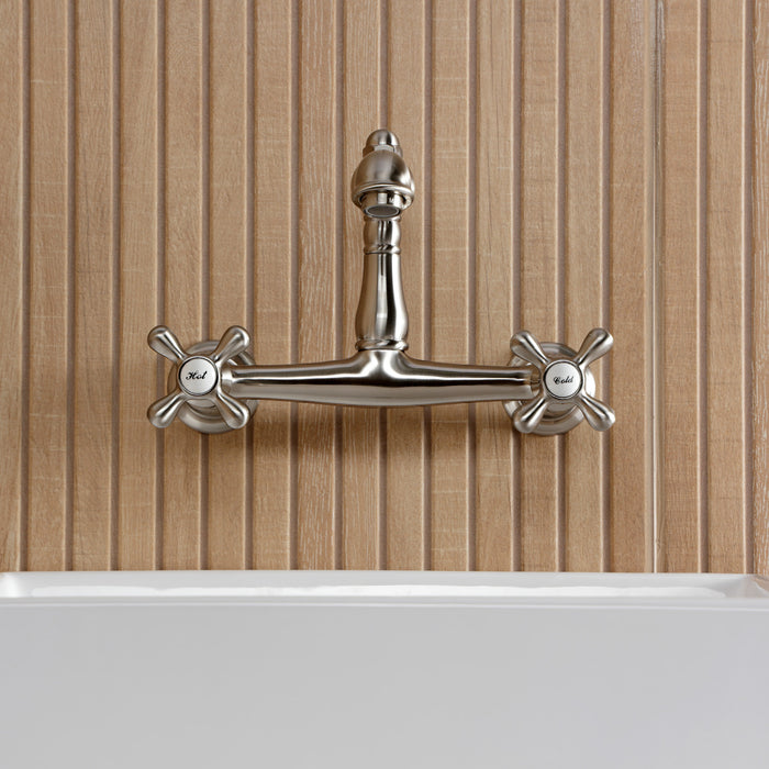 Kingston Heirloom KS7258AX - English Country Double-Handle 2-Hole Wall Mount Bathroom Faucet, Brushed Nickel