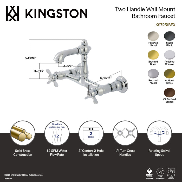 Kingston Heirloom KS7258BEX - Essex Double-Handle 2-Hole Wall Mount Bathroom Faucet, Brushed Nickel