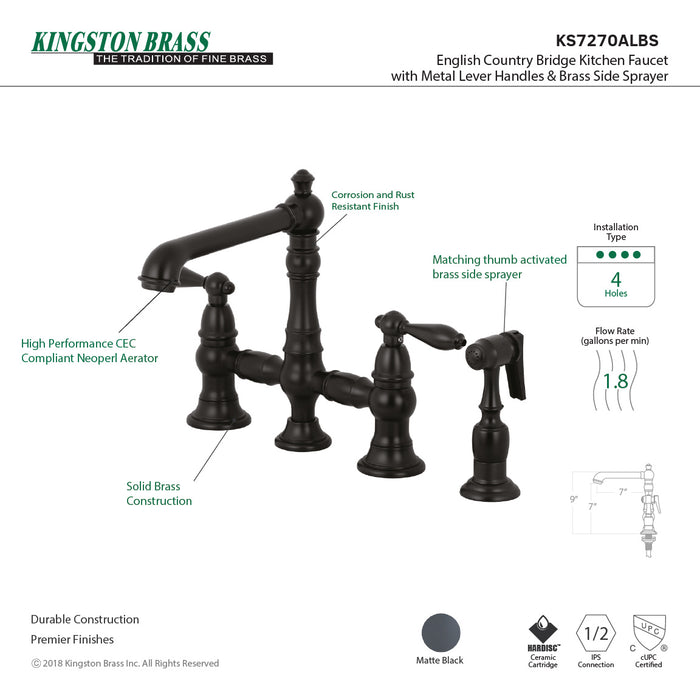 Kingston Tulare KS7270ALBS - English Country Two-Handle 4-Hole Deck Mount Bridge Kitchen Faucet with Brass Sprayer, Matte Black