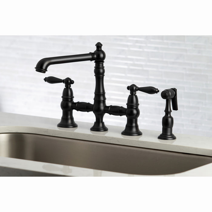 Kingston Tulare KS7270ALBS - English Country Two-Handle 4-Hole Deck Mount Bridge Kitchen Faucet with Brass Sprayer, Matte Black