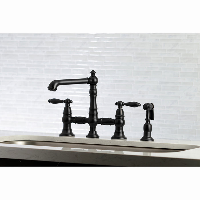 Kingston Tulare KS7270ALBS - English Country Two-Handle 4-Hole Deck Mount Bridge Kitchen Faucet with Brass Sprayer, Matte Black