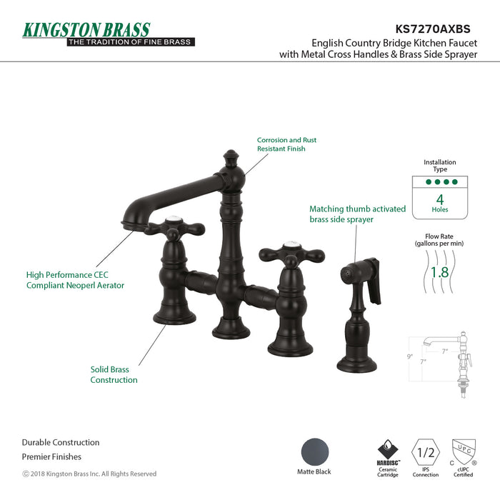 Kingston Tulare KS7270AXBS - English Country Two-Handle 4-Hole Deck Mount Bridge Kitchen Faucet with Brass Sprayer, Matte Black
