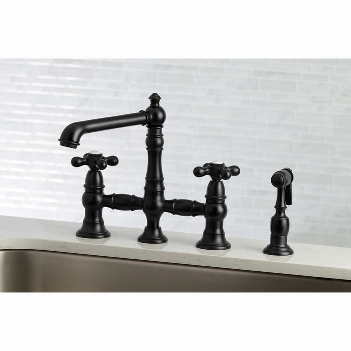 Kingston Tulare KS7270AXBS - English Country Two-Handle 4-Hole Deck Mount Bridge Kitchen Faucet with Brass Sprayer, Matte Black