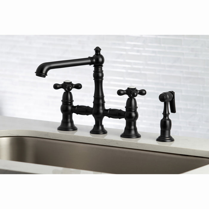 Kingston Tulare KS7270AXBS - English Country Two-Handle 4-Hole Deck Mount Bridge Kitchen Faucet with Brass Sprayer, Matte Black