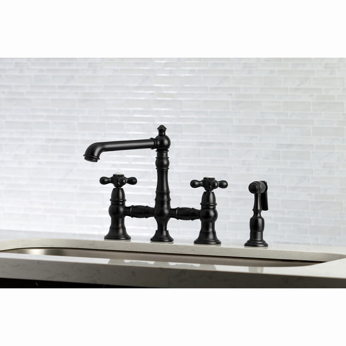 Kingston Tulare KS7270AXBS - English Country Two-Handle 4-Hole Deck Mount Bridge Kitchen Faucet with Brass Sprayer, Matte Black