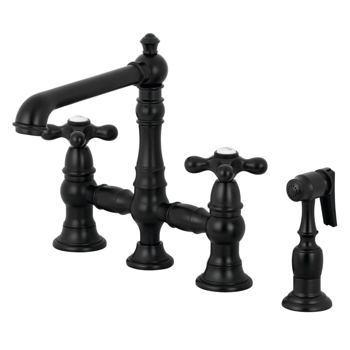 Kingston Tulare KS7270AXBS - English Country Two-Handle 4-Hole Deck Mount Bridge Kitchen Faucet with Brass Sprayer, Matte Black