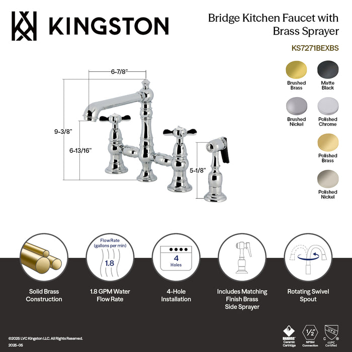 Kingston Tulare KS7270BEXBS - Essex Two-Handle 4-Hole Deck Mount Bridge Kitchen Faucet with Brass Sprayer, Matte Black