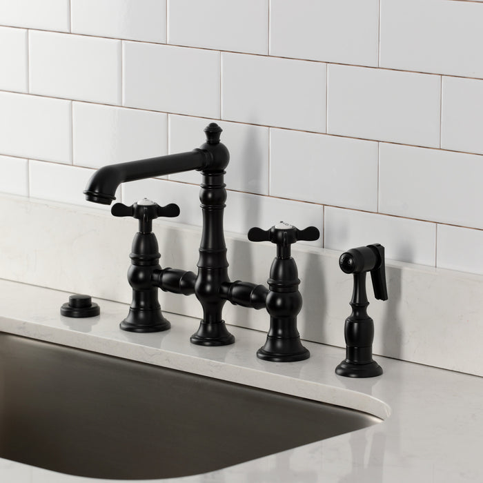 Kingston Tulare KS7270BEXBS - Essex Two-Handle 4-Hole Deck Mount Bridge Kitchen Faucet with Brass Sprayer, Matte Black