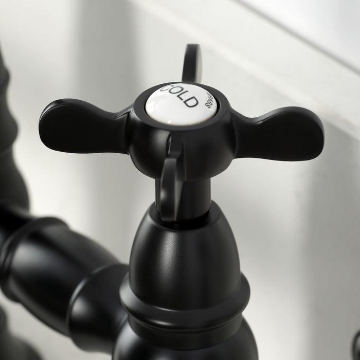 Kingston Tulare KS7270BEXBS - Essex Two-Handle 4-Hole Deck Mount Bridge Kitchen Faucet with Brass Sprayer, Matte Black