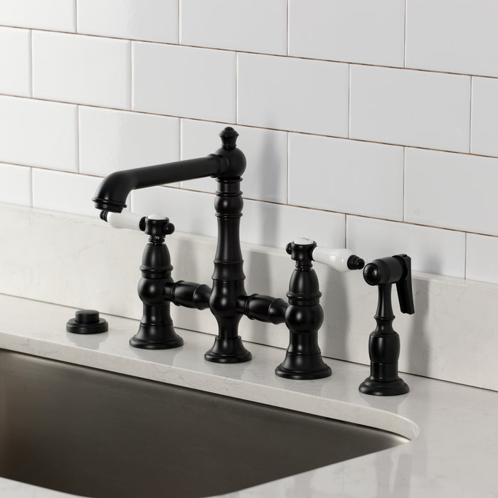 Kingston Tulare KS7270BPLBS - Bel-Air Two-Handle 4-Hole Deck Mount Bridge Kitchen Faucet with Brass Sprayer, Matte Black