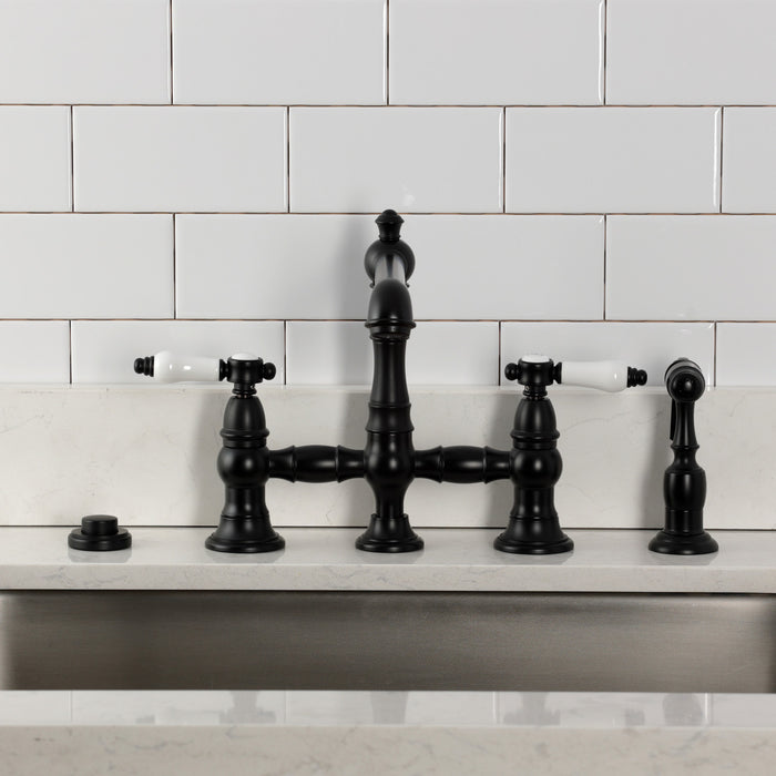 Kingston Tulare KS7270BPLBS - Bel-Air Two-Handle 4-Hole Deck Mount Bridge Kitchen Faucet with Brass Sprayer, Matte Black