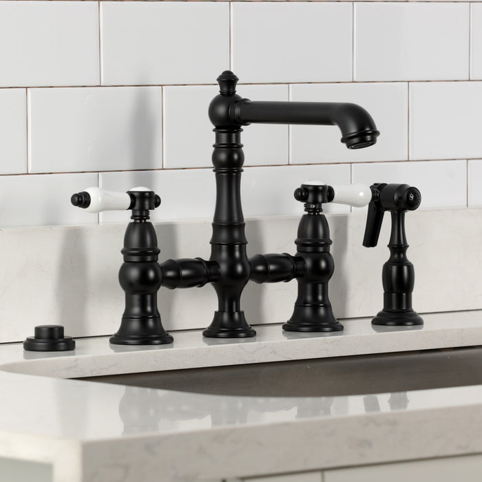 Kingston Tulare KS7270BPLBS - Bel-Air Two-Handle 4-Hole Deck Mount Bridge Kitchen Faucet with Brass Sprayer, Matte Black