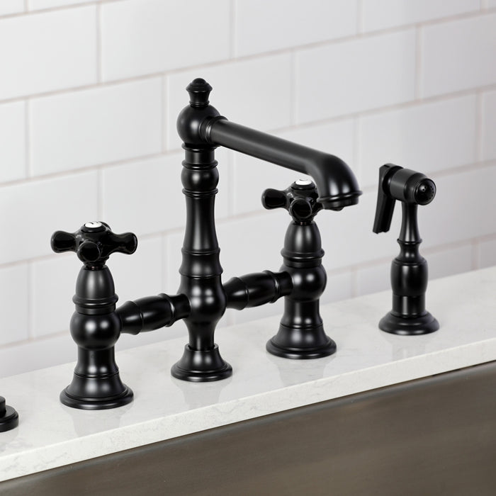 Kingston Tulare KS7270PKXBS - Duchess Two-Handle 4-Hole Deck Mount Bridge Kitchen Faucet with Brass Sprayer, Matte Black
