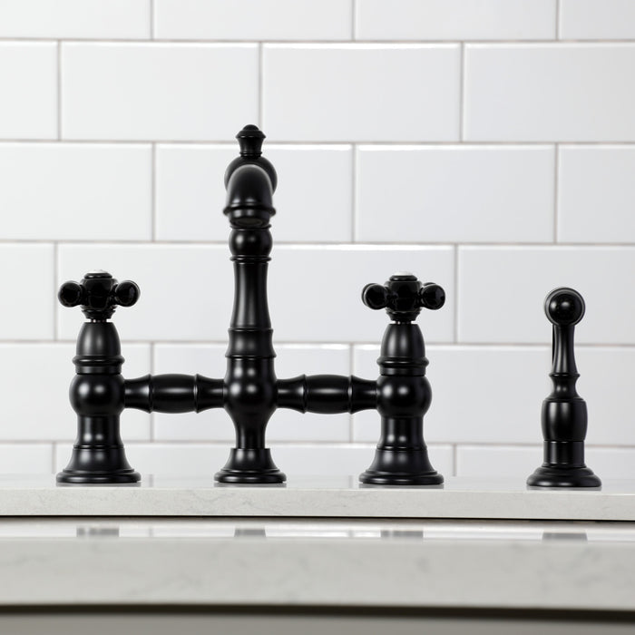 Kingston Tulare KS7270PKXBS - Duchess Two-Handle 4-Hole Deck Mount Bridge Kitchen Faucet with Brass Sprayer, Matte Black