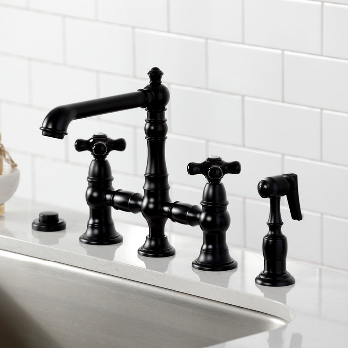 Kingston Tulare KS7270PKXBS - Duchess Two-Handle 4-Hole Deck Mount Bridge Kitchen Faucet with Brass Sprayer, Matte Black