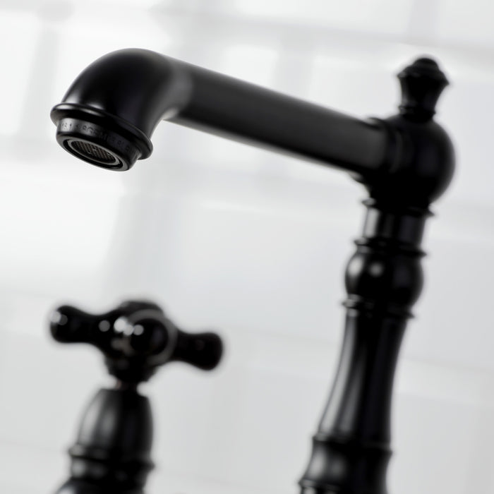 Kingston Tulare KS7270PKXBS - Duchess Two-Handle 4-Hole Deck Mount Bridge Kitchen Faucet with Brass Sprayer, Matte Black