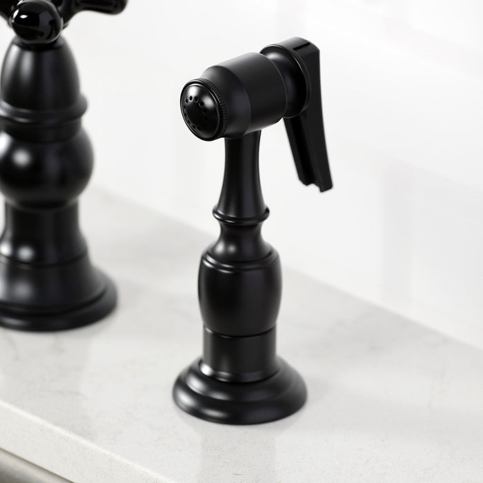 Kingston Tulare KS7270PKXBS - Duchess Two-Handle 4-Hole Deck Mount Bridge Kitchen Faucet with Brass Sprayer, Matte Black