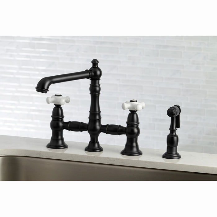 Kingston Tulare KS7270PXBS - English Country Two-Handle 4-Hole Deck Mount Bridge Kitchen Faucet with Brass Sprayer, Matte Black
