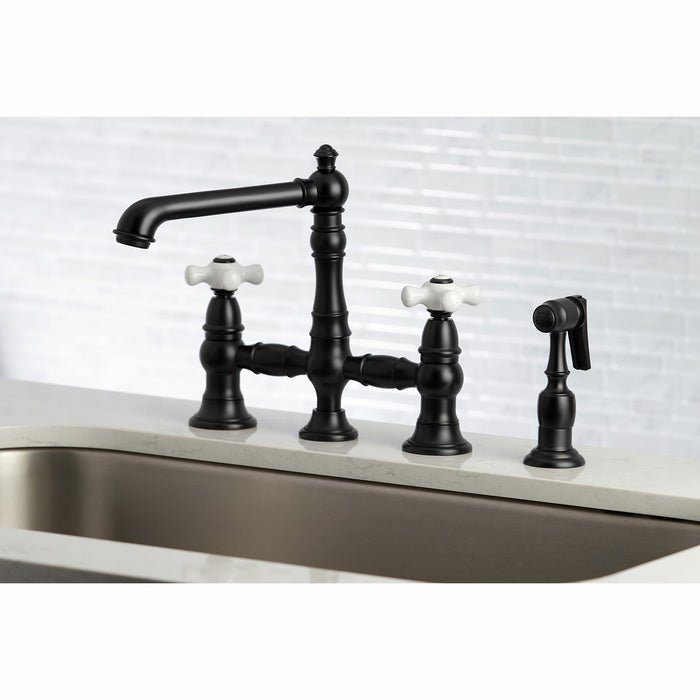 Kingston Tulare KS7270PXBS - English Country Two-Handle 4-Hole Deck Mount Bridge Kitchen Faucet with Brass Sprayer, Matte Black