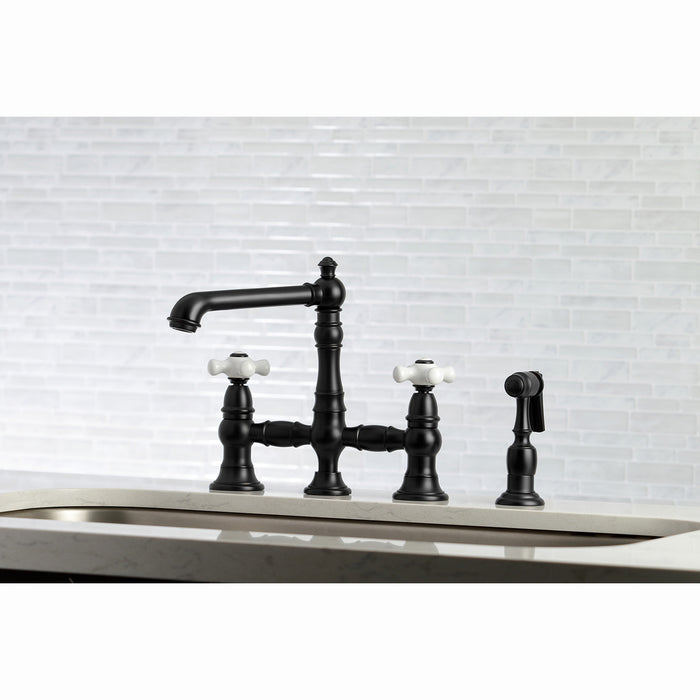Kingston Tulare KS7270PXBS - English Country Two-Handle 4-Hole Deck Mount Bridge Kitchen Faucet with Brass Sprayer, Matte Black