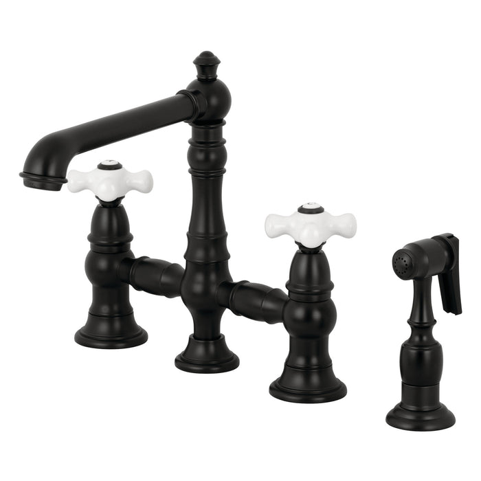 Kingston Tulare KS7270PXBS - English Country Two-Handle 4-Hole Deck Mount Bridge Kitchen Faucet with Brass Sprayer, Matte Black