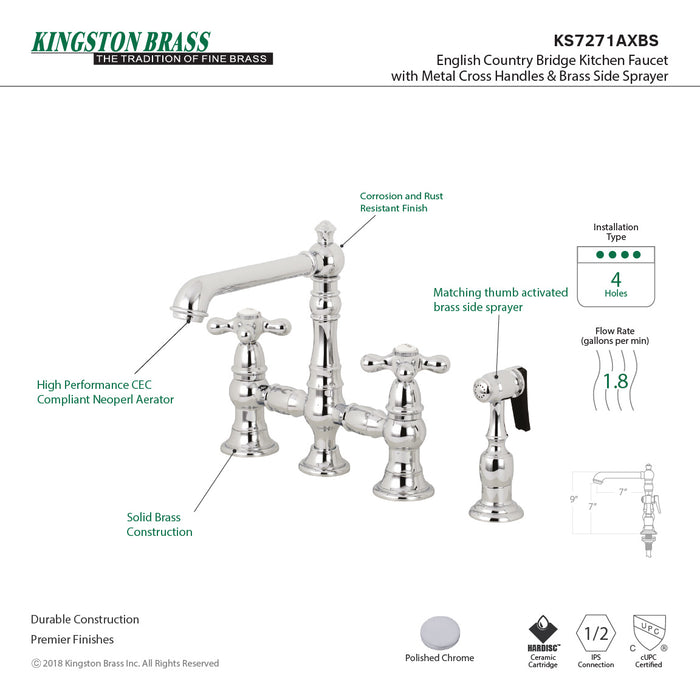 Kingston Tulare KS7271AXBS - English Country Two-Handle 4-Hole Deck Mount Bridge Kitchen Faucet with Brass Sprayer, Polished Chrome
