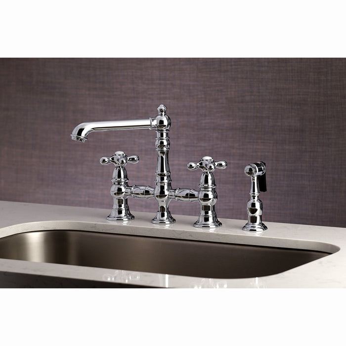 Kingston Tulare KS7271AXBS - English Country Two-Handle 4-Hole Deck Mount Bridge Kitchen Faucet with Brass Sprayer, Polished Chrome