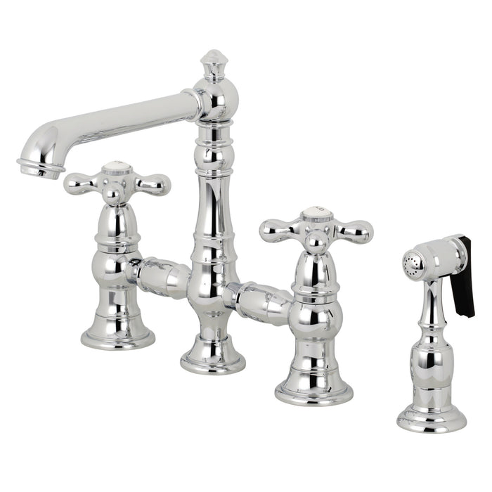 Kingston Tulare KS7271AXBS - English Country Two-Handle 4-Hole Deck Mount Bridge Kitchen Faucet with Brass Sprayer, Polished Chrome