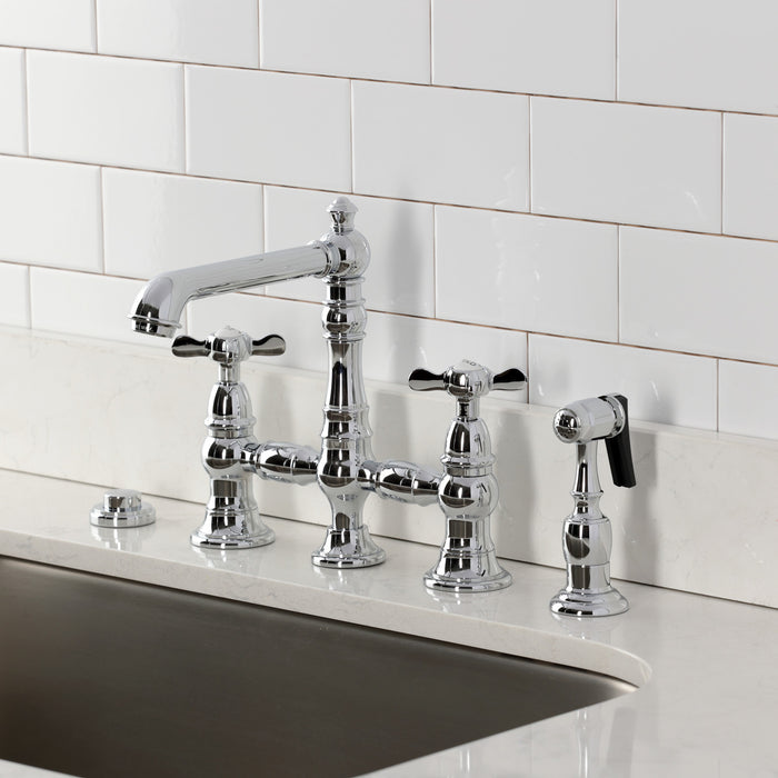 Kingston Tulare KS7271BEXBS - Essex Two-Handle 4-Hole Deck Mount Bridge Kitchen Faucet with Brass Sprayer, Polished Chrome