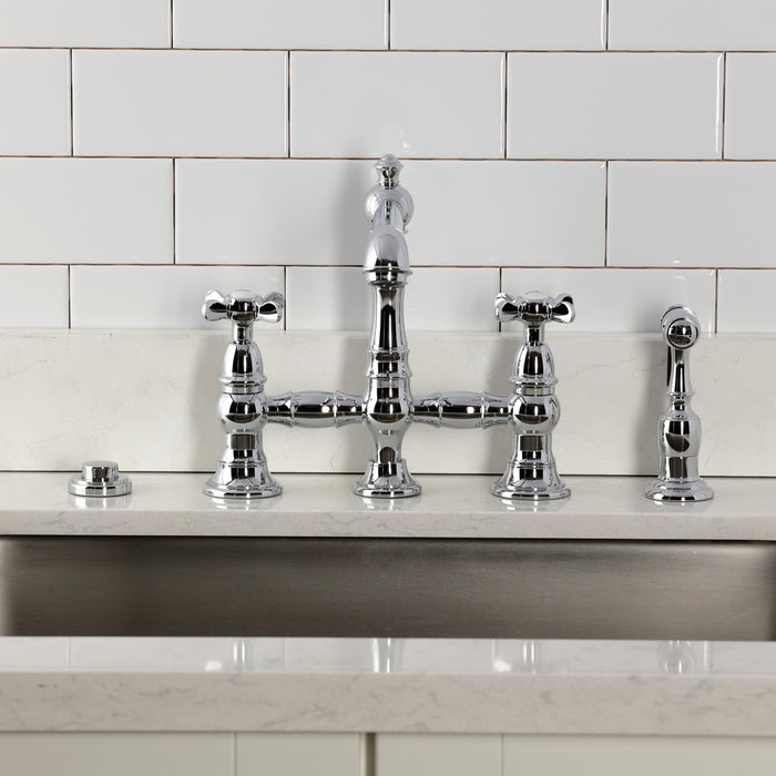 Kingston Tulare KS7271BEXBS - Essex Two-Handle 4-Hole Deck Mount Bridge Kitchen Faucet with Brass Sprayer, Polished Chrome