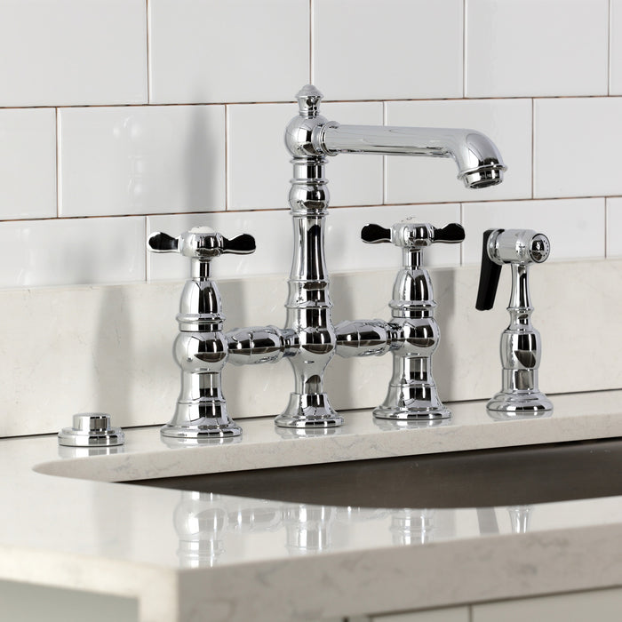 Kingston Tulare KS7271BEXBS - Essex Two-Handle 4-Hole Deck Mount Bridge Kitchen Faucet with Brass Sprayer, Polished Chrome