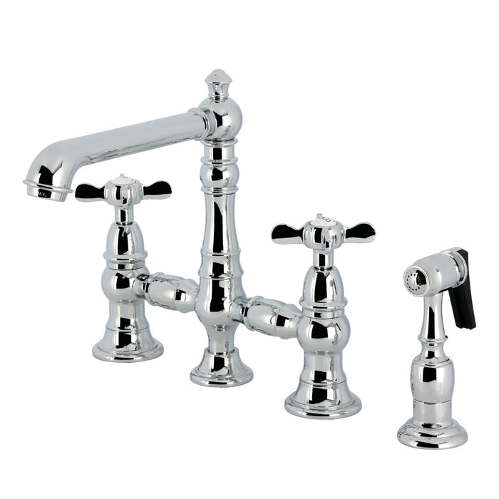 Kingston Tulare KS7271BEXBS - Essex Two-Handle 4-Hole Deck Mount Bridge Kitchen Faucet with Brass Sprayer, Polished Chrome