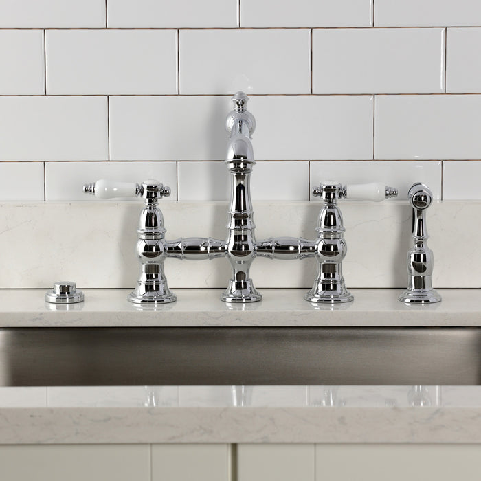 Kingston Tulare KS7271BPLBS - Bel-Air Two-Handle 4-Hole Deck Mount Bridge Kitchen Faucet with Brass Sprayer, Polished Chrome