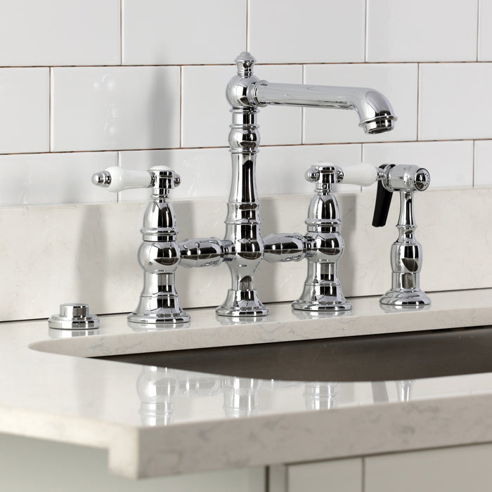 Kingston Tulare KS7271BPLBS - Bel-Air Two-Handle 4-Hole Deck Mount Bridge Kitchen Faucet with Brass Sprayer, Polished Chrome