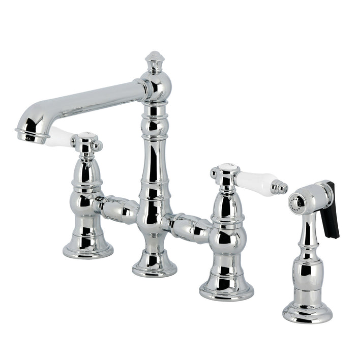 Kingston Tulare KS7271BPLBS - Bel-Air Two-Handle 4-Hole Deck Mount Bridge Kitchen Faucet with Brass Sprayer, Polished Chrome
