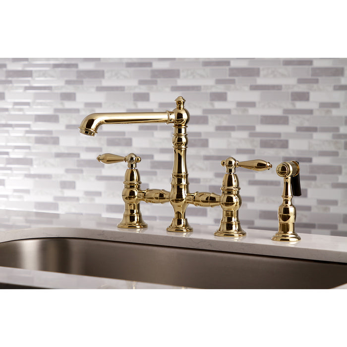 Kingston Tulare KS7272ALBS - English Country Two-Handle 4-Hole Deck Mount Bridge Kitchen Faucet with Brass Sprayer, Polished Brass