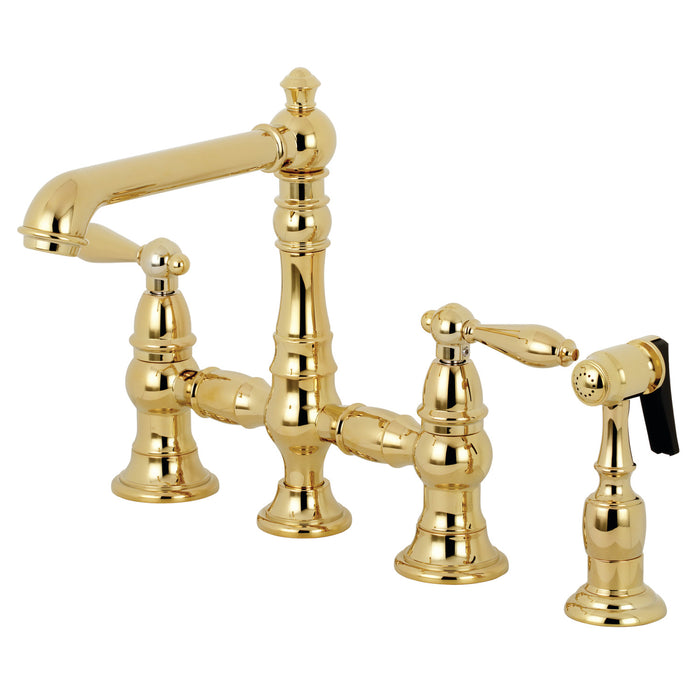 Kingston Tulare KS7272ALBS - English Country Two-Handle 4-Hole Deck Mount Bridge Kitchen Faucet with Brass Sprayer, Polished Brass