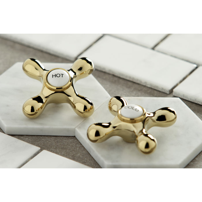Kingston Tulare KS7272AXBS - English Country Two-Handle 4-Hole Deck Mount Bridge Kitchen Faucet with Brass Sprayer, Polished Brass