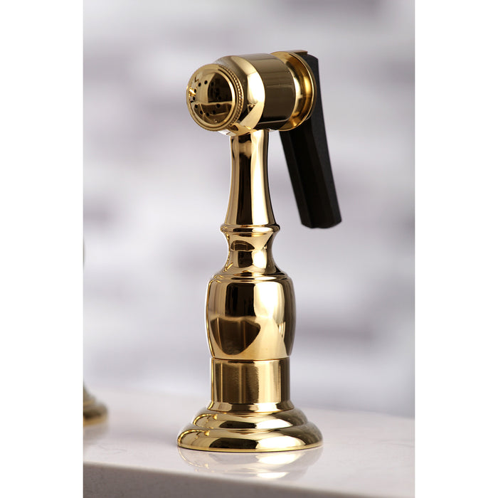 Kingston Tulare KS7272AXBS - English Country Two-Handle 4-Hole Deck Mount Bridge Kitchen Faucet with Brass Sprayer, Polished Brass