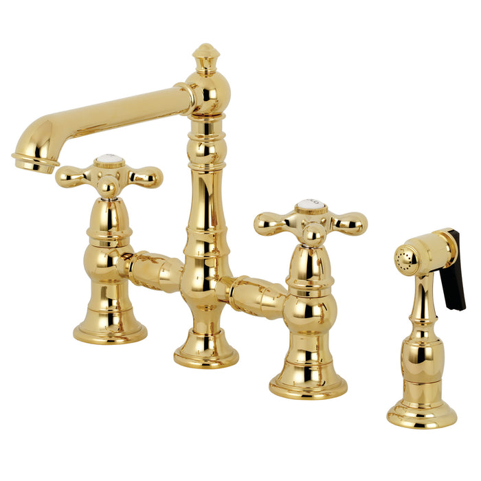 Kingston Tulare KS7272AXBS - English Country Two-Handle 4-Hole Deck Mount Bridge Kitchen Faucet with Brass Sprayer, Polished Brass