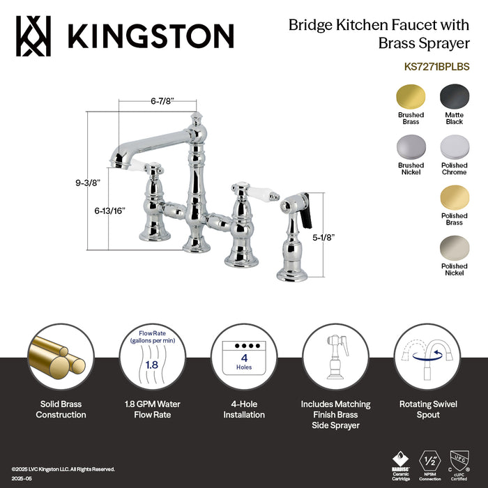 Kingston Tulare KS7272BPLBS - Bel-Air Two-Handle 4-Hole Deck Mount Bridge Kitchen Faucet with Brass Sprayer, Polished Brass